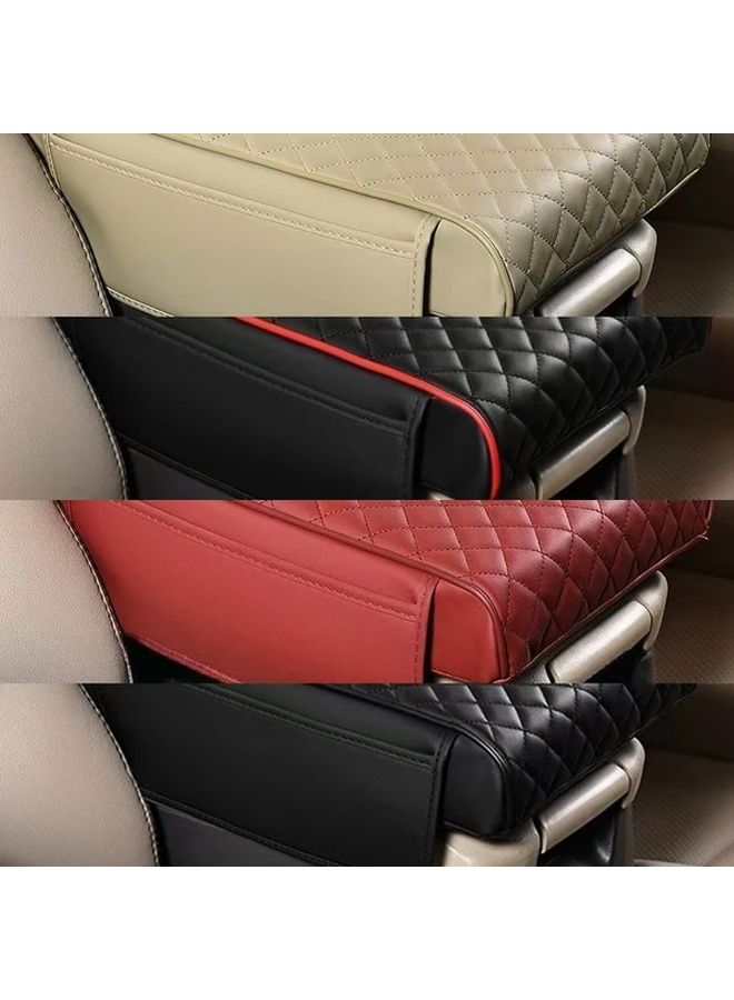 Beige Car Armrest Cover With Cup Holders And Storage Pockets - Image 2