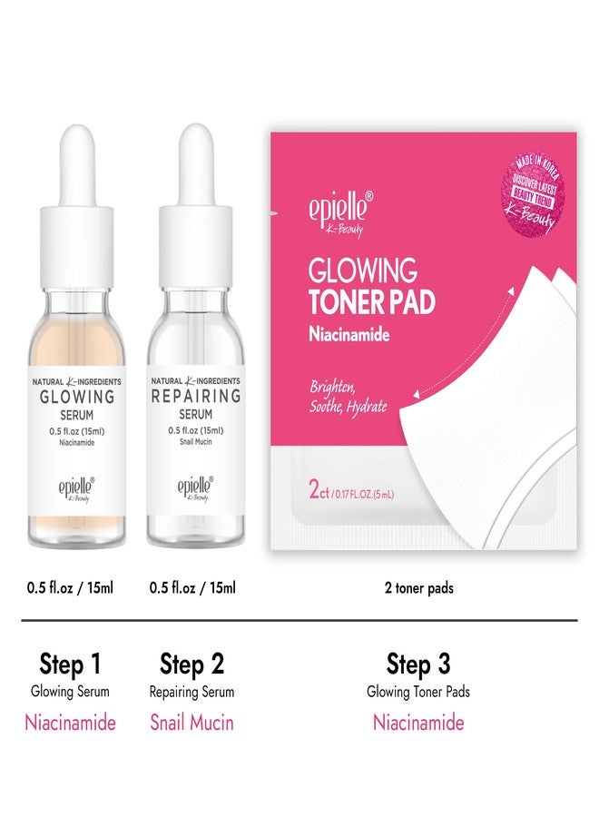 Epielle Power Serum Duo with Glowing Toner Pads, Glowing & Repairing Serums with Niacinamide & Snail Mucin, Skincare Set, Vegan & Cruelty-Free, Korean Skin Care - Image 4