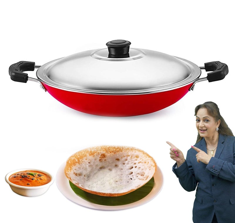 PANCA Non-Stick Deep Appachetty with Lid, 20 cm Black | Scratch-Resistant Appam Kadai for Paniyaram, Uttapam & Frying | Induction & Gas Compatible (Red) - Image 1