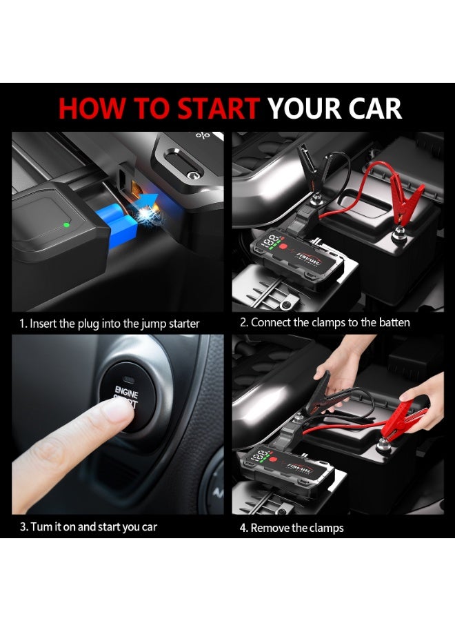 FOWAWU 26800mAh 7000A Peak Jump Starter for 12V Vehicles ( ALL Petrol / 10L Diesel) and Moto, Car Battery Jump Starter Power Pack with Smart Jumper, 5 * 3.5 CM Large Screen and LED Torch - Image 5