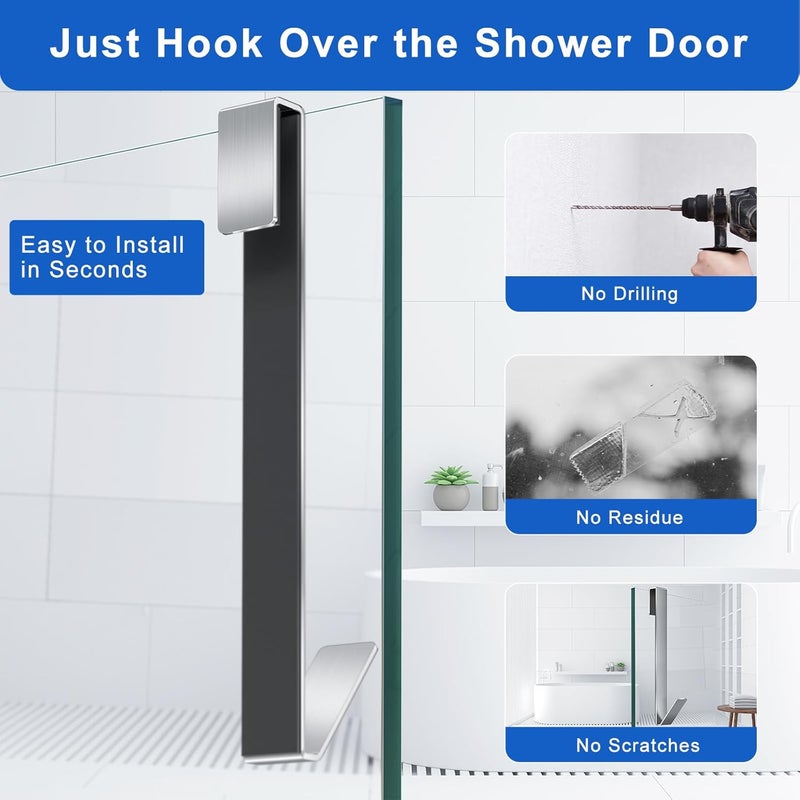 Fumax Shower Door Hooks 10 in, Shower Hooks for Towels, Heavy Duty Drilling-Free Extended Shower Towel Hooks for Bathroom Frameless Glass Shower Door, Over The Door Towel Hooks 3 Packs - Image 2