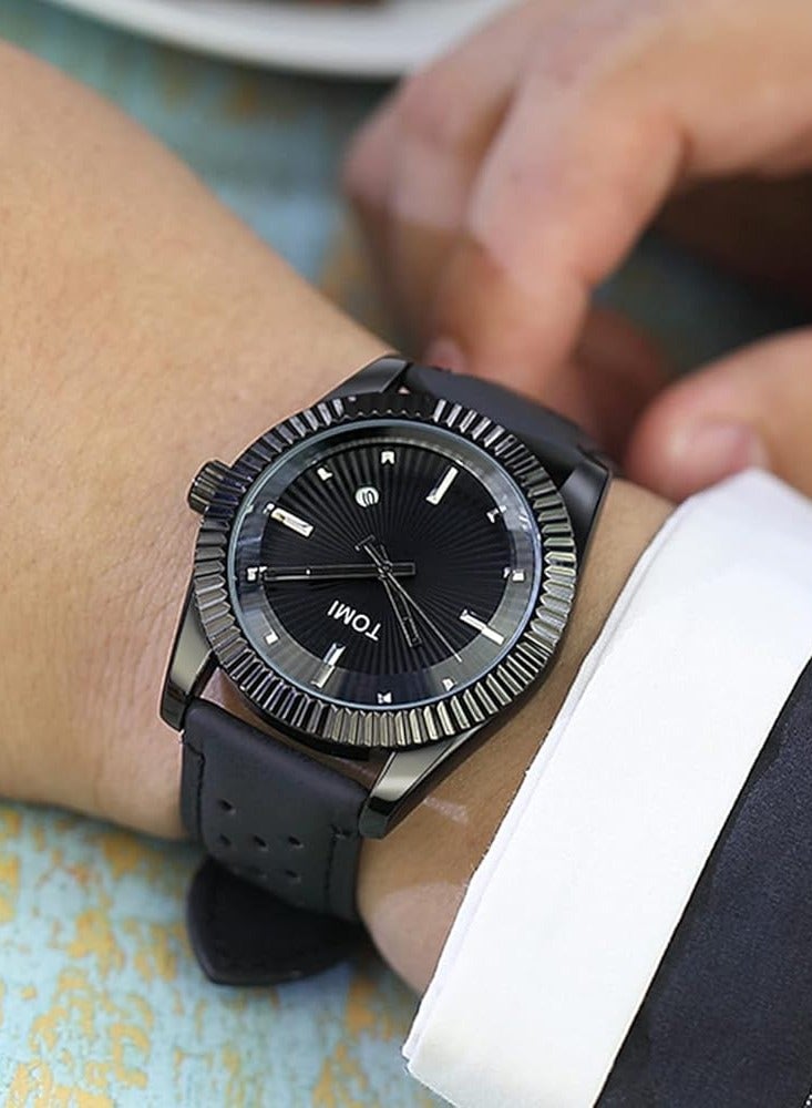 TOMI An elegant black analogue watch with a leather strap from TOMI for both men and women - Image 3