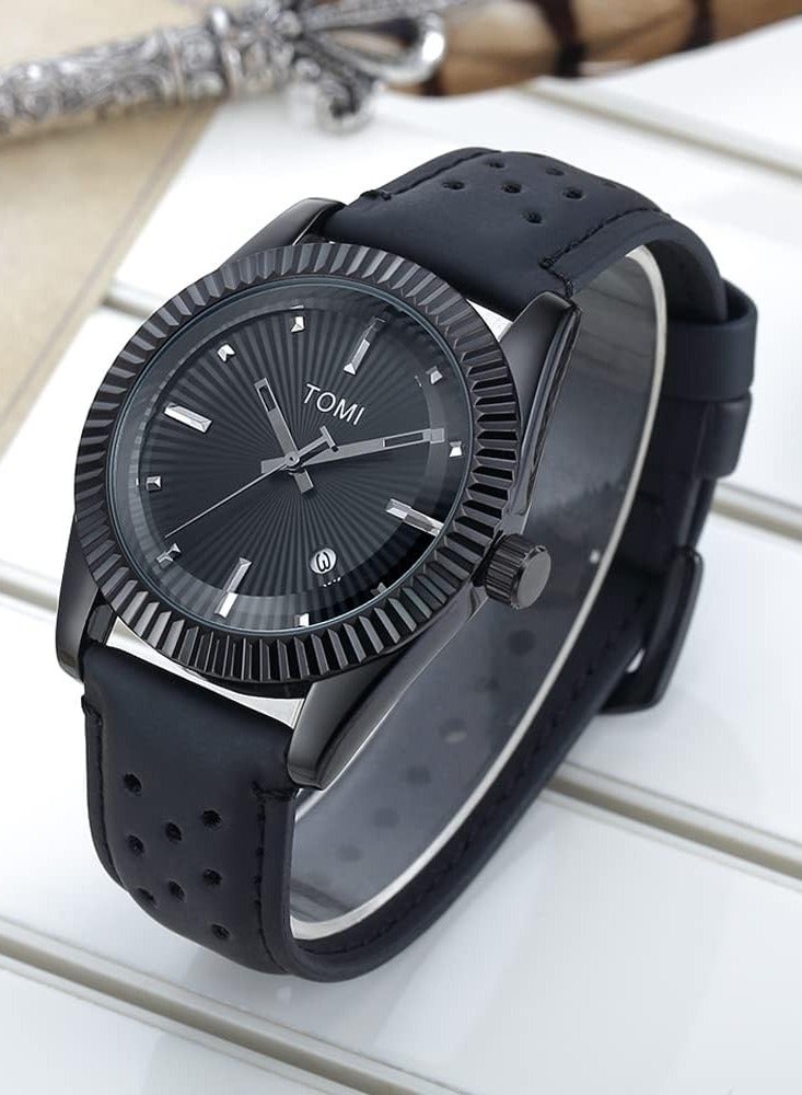 TOMI An elegant black analogue watch with a leather strap from TOMI for both men and women - Image 2