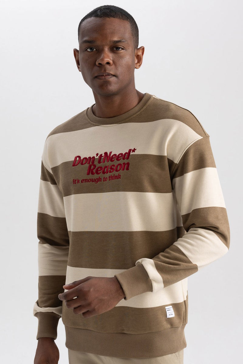 DeFacto Man Boxy Fit Crew Neck Striped Printed Sweatshirt  - Image 1