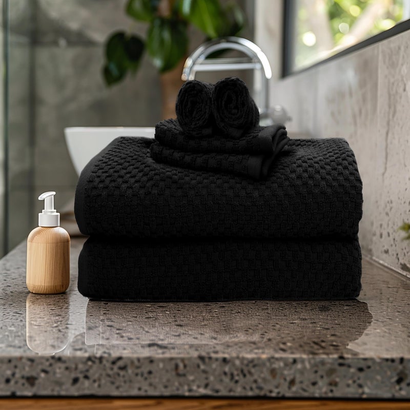 Cotton Craft Waffle 6 Piece Towel Set - 100% Cotton - 2 Oversized Luxury Euro Spa Waffle Weave Large Bath Towels  2 Hand Towels  2 Washcloths - Absorbent Quick Dry Hotel Bathroom Shower Pool - Black - Image 2
