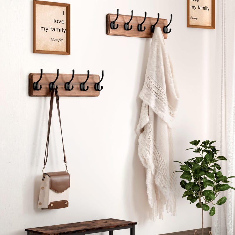 Dseap Wall Mounted Coat Rack: Patented, Heavy-Duty, 17.4" Long 5-Double-Hooks Wooden Hanger Rail for Winter Coats, Hat, Jacket, Clothing - Natural & Black, Pack of 2 - Image 5