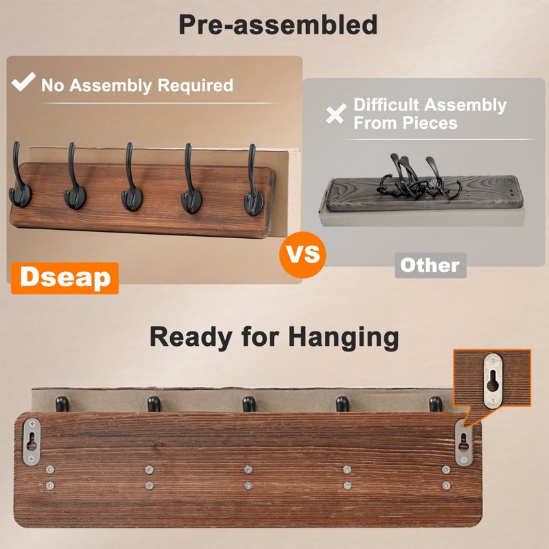 Dseap Wall Mounted Coat Rack: Patented, Heavy-Duty, 17.4" Long 5-Double-Hooks Wooden Hanger Rail for Winter Coats, Hat, Jacket, Clothing - Natural & Black, Pack of 2 - Image 3