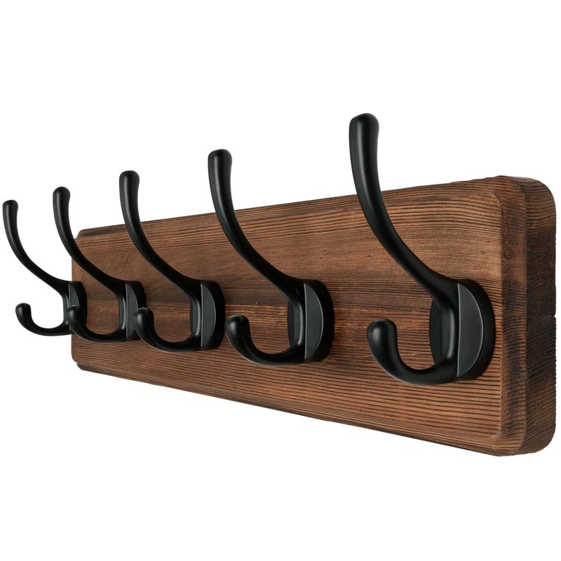 Dseap Wall Mounted Coat Rack: Patented, Heavy-Duty, 17.4" Long 5-Double-Hooks Wooden Hanger Rail for Winter Coats, Hat, Jacket, Clothing - Natural & Black, Pack of 2 - Image 1