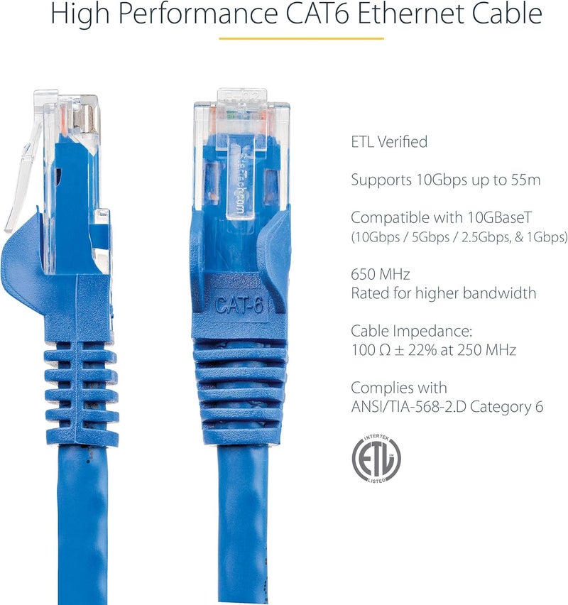 ستار تك .com 5m كابل إيثرنت CAT6 - أزرق - سلك جيجابت CAT6 - 650MHz 100W PoE++ RJ45 UTP كابل شبكة/توصيلة الفئة 6 بدون عقبات مع تخفيف الإجهاد - تم اختباره بواسطة Fluke ومعتمد من UL/TIA (N6PATC5MBL) - Image 2