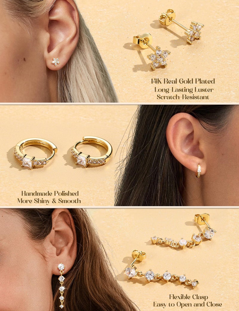 MILACOLATO 5Pairs 925 Sterling Silver Earrings for Women 14K Gold Plated Stud Huggie Hoop Earrings Sets for Multiple Piercing Hypoallergenic CZ Pearl Cartilage Earrings Stacks Trendy Gifts - Image 4