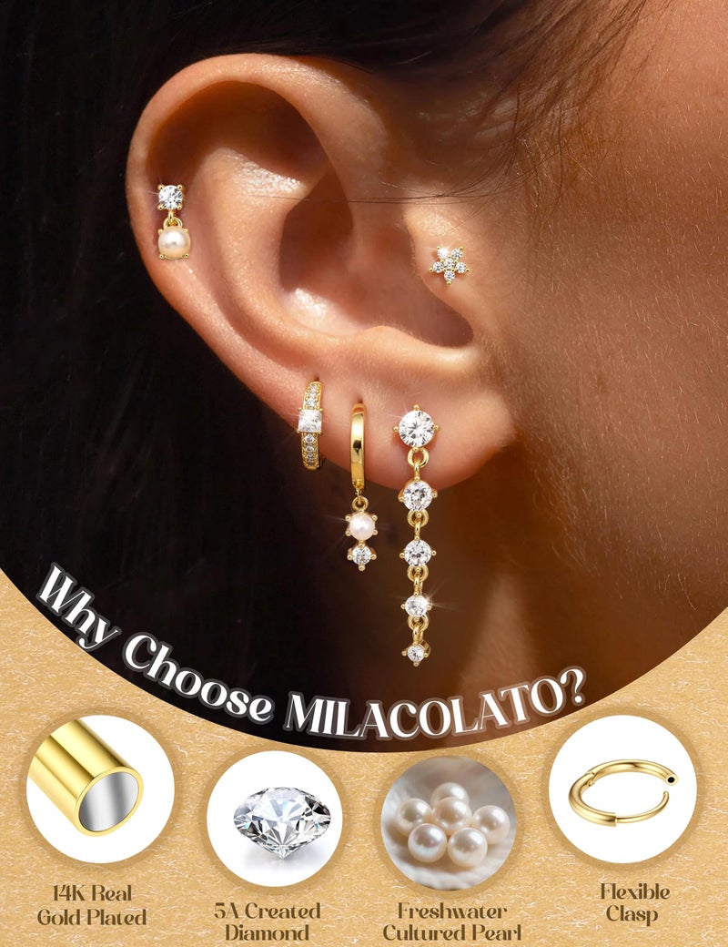 MILACOLATO 5Pairs 925 Sterling Silver Earrings for Women 14K Gold Plated Stud Huggie Hoop Earrings Sets for Multiple Piercing Hypoallergenic CZ Pearl Cartilage Earrings Stacks Trendy Gifts - Image 2