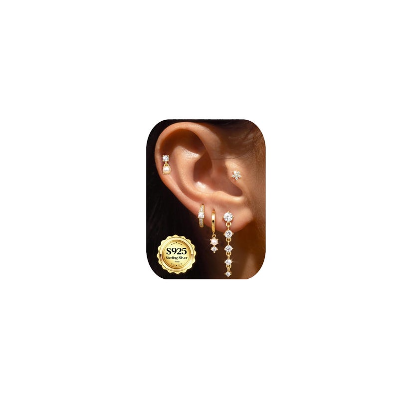 MILACOLATO 5Pairs 925 Sterling Silver Earrings for Women 14K Gold Plated Stud Huggie Hoop Earrings Sets for Multiple Piercing Hypoallergenic CZ Pearl Cartilage Earrings Stacks Trendy Gifts - Image 1