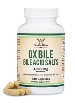 Ox bile Supplement for No Gallbladder (1,000mg Per Serving, 500mg per Capsule, 120 Capsules) Standardized to 45% Cholic Acid Bile Salts to Help Address Bile Salt Deficiencies