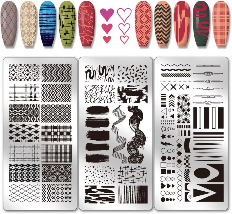 PH PandaHall 3pcs Grids Line Nail Stamping Plates Geometric Texture Nail Art Stencils Graffiti Stripe Manicure Art Templates Minimalist Nails Image Plates for Women Manicures DIY Design Print Supplies