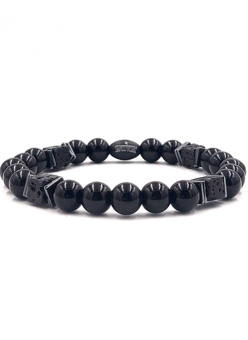 CHRYSOSTOMOS - Handmade Beaded Bracelet with Rounded-Squared Black Onyx and Silver Hematite, Durable Silicone Elastic - Image 1