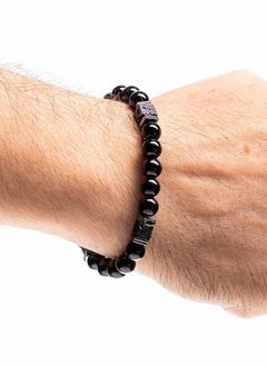 CHRYSOSTOMOS Handmade Beaded Bracelet with Rounded-Squared Black Onyx and Silver Hematite, Durable Silicone Elastic  - Image 2