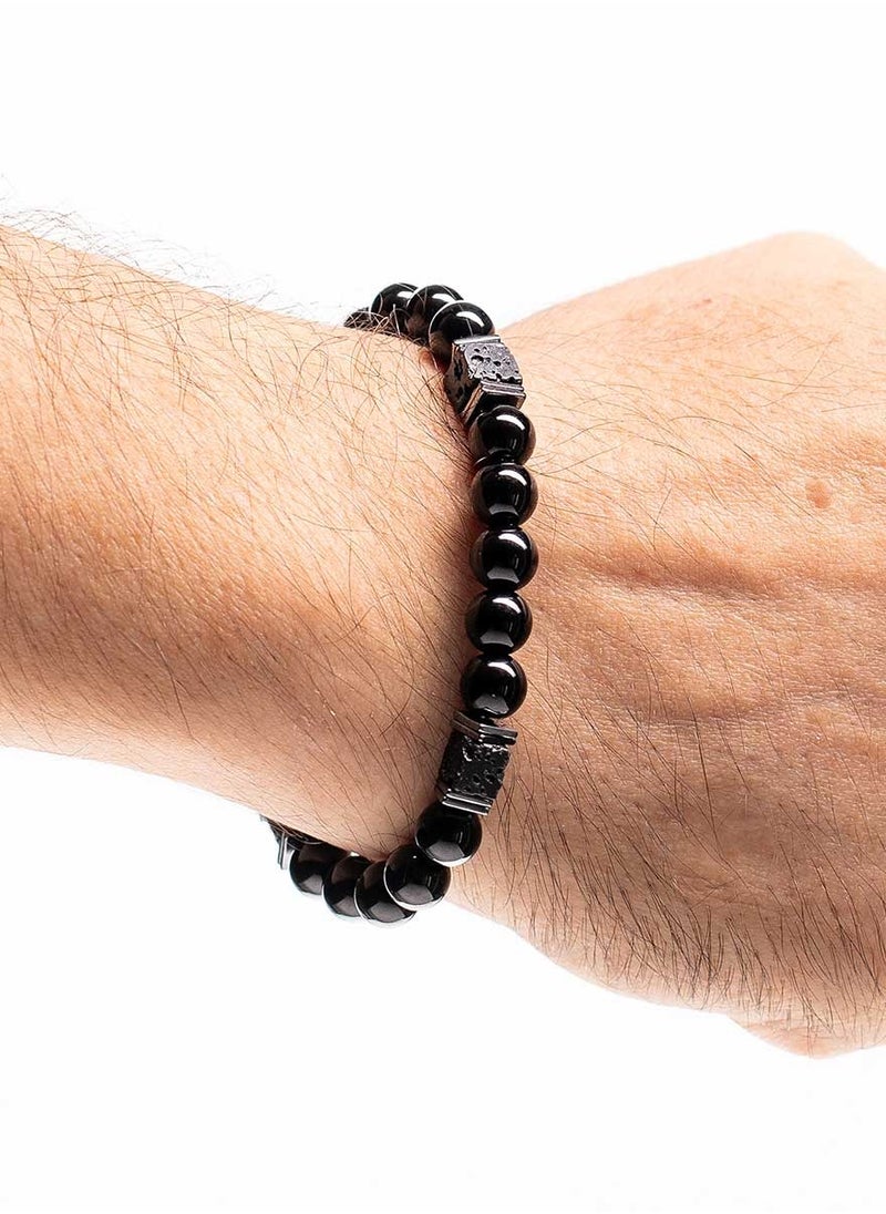 CHRYSOSTOMOS - Handmade Beaded Bracelet with Rounded-Squared Black Onyx and Silver Hematite, Durable Silicone Elastic - Image 1