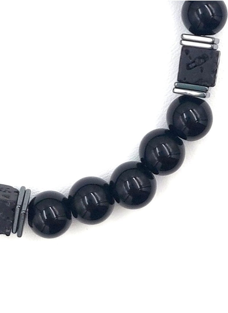 CHRYSOSTOMOS - Handmade Beaded Bracelet with Rounded-Squared Black Onyx and Silver Hematite, Durable Silicone Elastic - Image 1