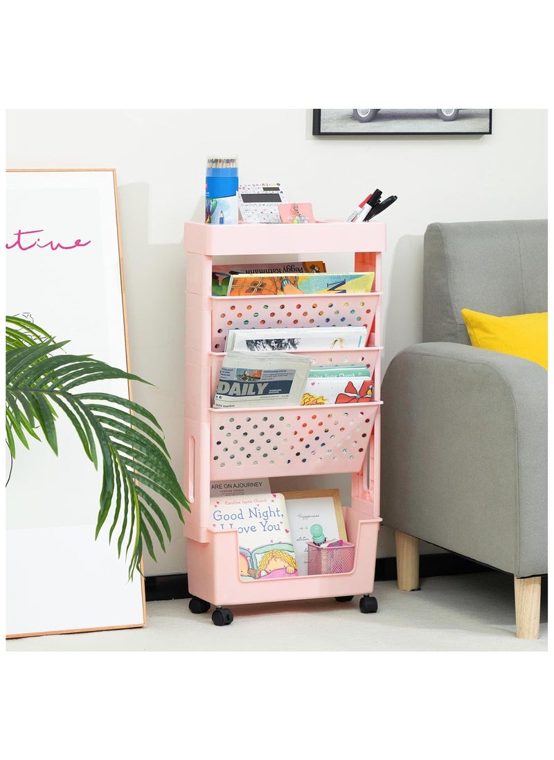 Gogoya - 5 Tier Book Rack Storage Bookshelf, Movable Removable Bookcase with Wheels, Large Capacity Unique Plastic Bookshelves for Kids Children Students Study in Bedroom Living Room Home School - Image 1