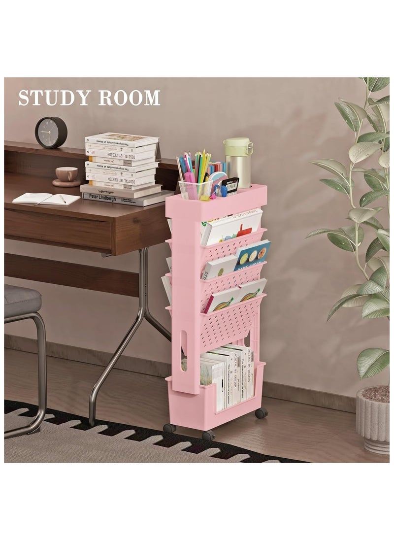 Gogoya - 5 Tier Book Rack Storage Bookshelf, Movable Removable Bookcase with Wheels, Large Capacity Unique Plastic Bookshelves for Kids Children Students Study in Bedroom Living Room Home School - Image 1