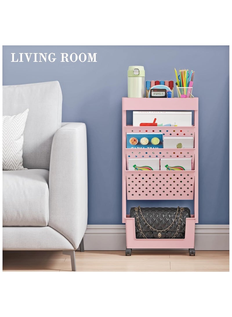 Gogoya - 5 Tier Book Rack Storage Bookshelf, Movable Removable Bookcase with Wheels, Large Capacity Unique Plastic Bookshelves for Kids Children Students Study in Bedroom Living Room Home School - Image 1