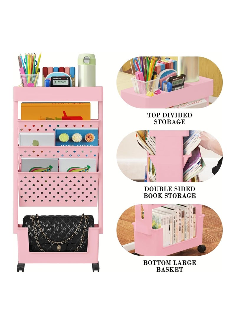 Gogoya - 5 Tier Book Rack Storage Bookshelf, Movable Removable Bookcase with Wheels, Large Capacity Unique Plastic Bookshelves for Kids Children Students Study in Bedroom Living Room Home School - Image 1