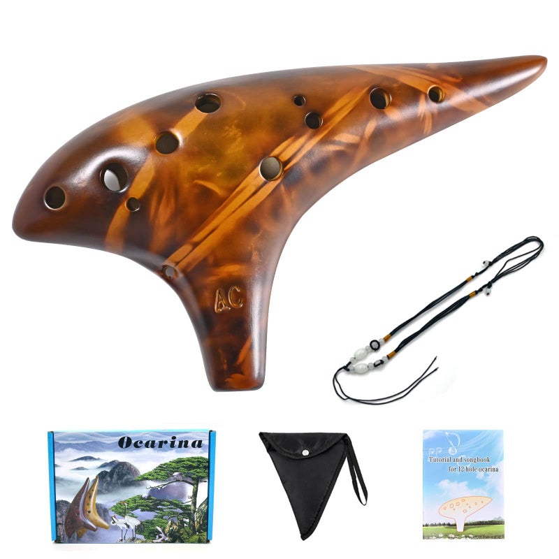 Ocarina12 Holes Alto C Key Ceramic Ocarinas with Songbook Neck Strap BagMusical Instrument for Adults Yellow