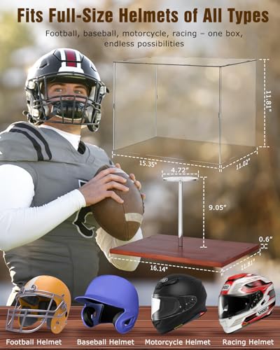 Fitense Full Size Football Helmet Display Case 15411118in Interior 100 Wooden Base Compatible with BaseballMotorcycleRacing Helmets HighTransparency Acrylic with UV Protection - Image 3