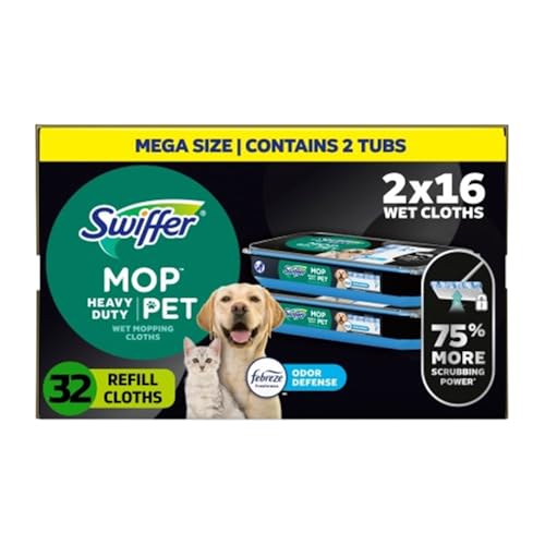 Swiffer Sweeper Pet Heavy Duty Multi-Surface Wet Cloth Refills for Floor Mopping and Cleaning, Fresh scent, 16 count, Pack of 2 - Image 1
