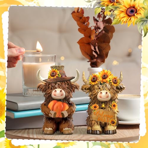 Burbell 2 Pack Fall Thanksgiving Decor Highland Cow Resin Figurine Fall Pumpkin Flower Highland Cow Gnomes Scottish Resin Statue Calf Lovers Gifts for Autumn Home Garden Kitchen Office Tiered Tray Table Decor - Image 3