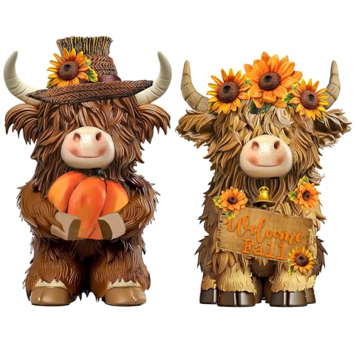 Burbell 2 Pack Fall Thanksgiving Decor Highland Cow Resin Figurine Fall Pumpkin Flower Highland Cow Gnomes Scottish Resin Statue Calf Lovers Gifts for Autumn Home Garden Kitchen Office Tiered Tray Table Decor - Image 1