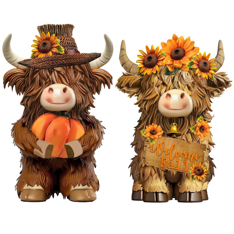 Burbell 2 Pack Fall Thanksgiving Decor Highland Cow Resin Figurine Fall Pumpkin Flower Highland Cow Gnomes Scottish Resin Statue Calf Lovers Gifts for Autumn Home Garden Kitchen Office Tiered Tray Table Decor - Image 2