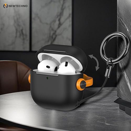 NEWTECHNO Antilost Lid Case Shell for Airpods 4 | Full Protection Case with Lanyard Compatible for Airpods 4 with Active Noise Cancellation(ANC) 2024 with carabaner Yellow - Image 5