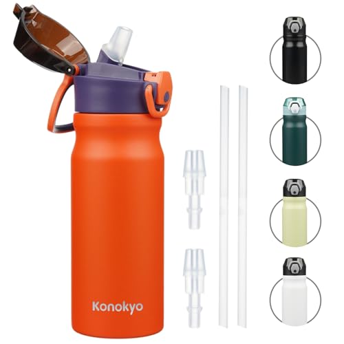 Konokyo Insulated Water Bottle with Straw and Carry Loop,18 oz Stainless Steel Double Wall Vaccum Metal Water Flask with Leak-proof Lid,Orange - Image 1