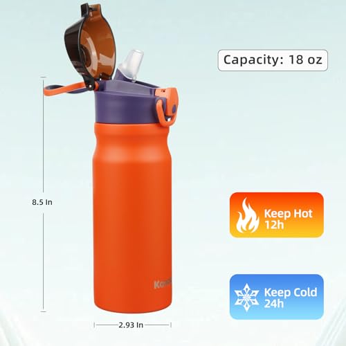Konokyo Insulated Water Bottle with Straw and Carry Loop,18 oz Stainless Steel Double Wall Vaccum Metal Water Flask with Leak-proof Lid,Orange - Image 3