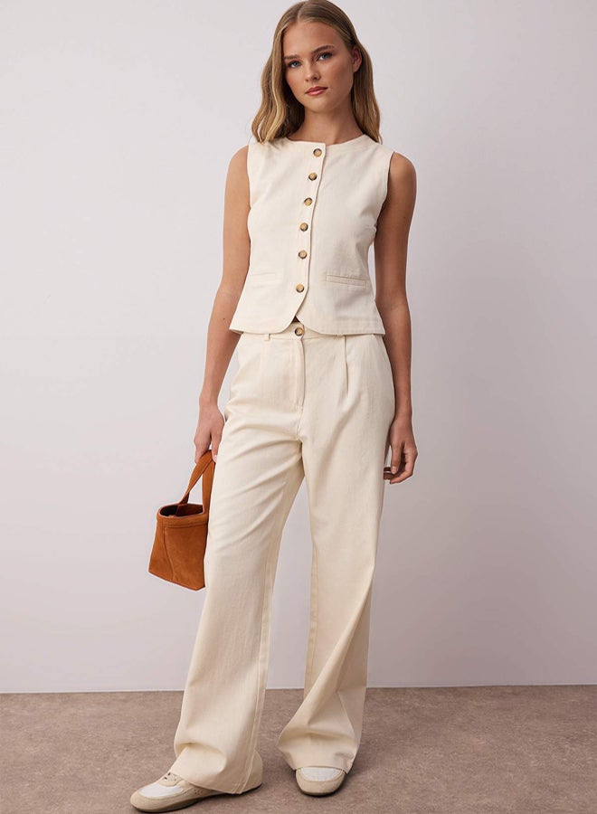 trendyol Ecru Gabardine Cotton Vest Wide Leg Pants Woven Bottom - Top Set - Image 2