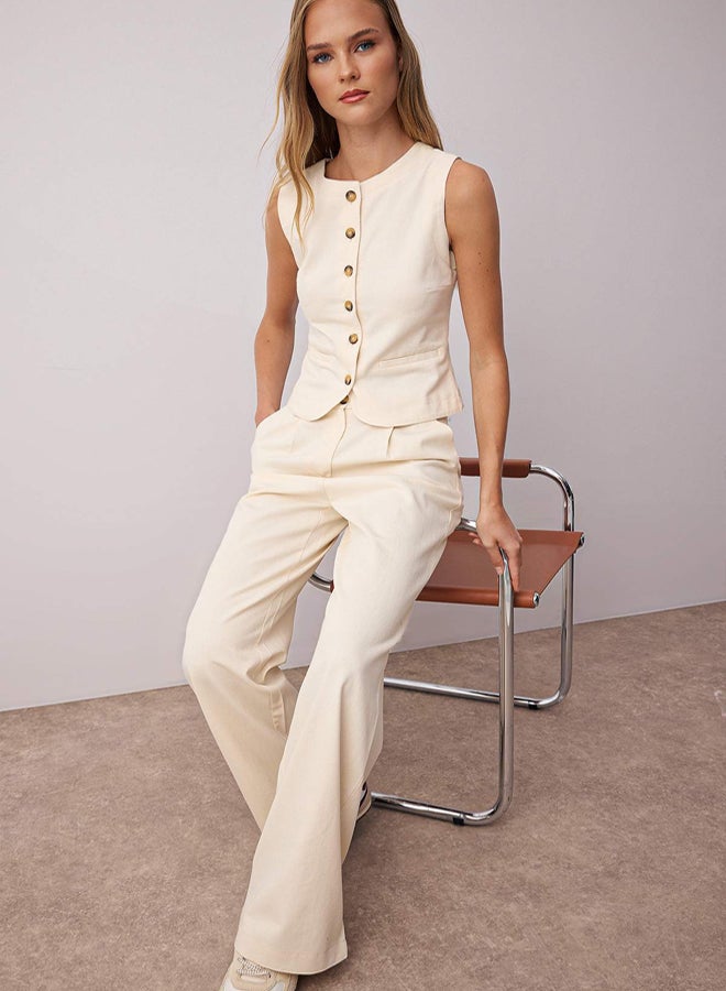 trendyol Ecru Gabardine Cotton Vest Wide Leg Pants Woven Bottom - Top Set - Image 1