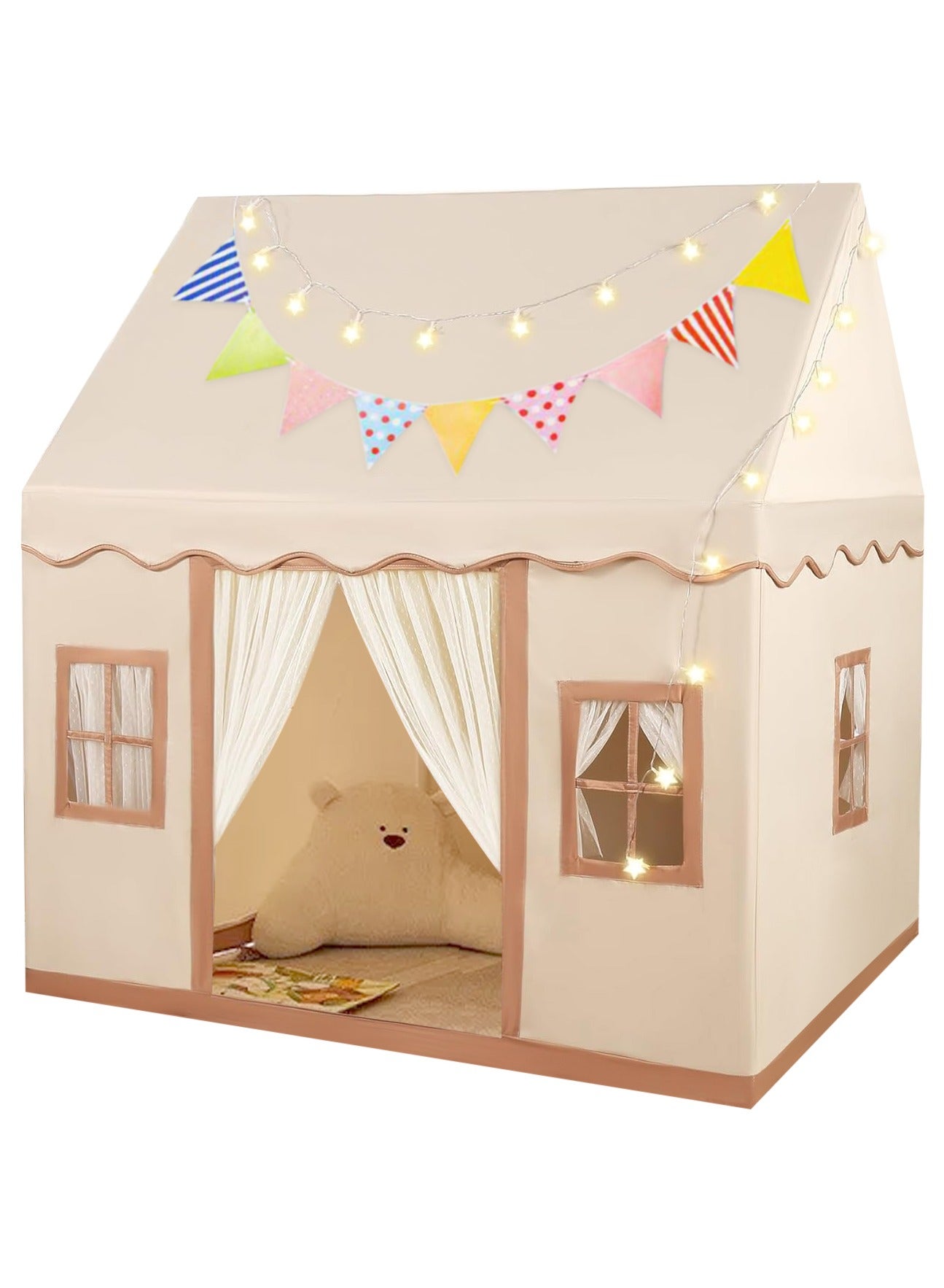 Kids Play Tent House Toddler Indoor Outdoor Play House Tent Washable Foldable with LED Star Light Banner Windows Reading Corner Activity Center Toys for Boys Girls - Large