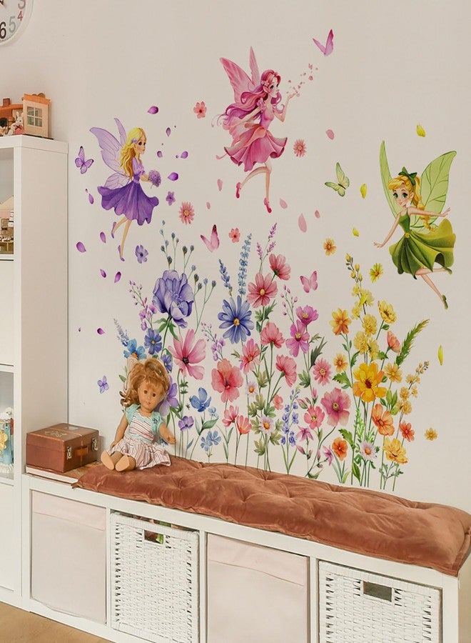 CharmFlo Fairy Wall Decals Wildflower Butterfly Wall Stickers Removable Vinyl Wall Art DIY Florals Peel and Stick for Girls Bedroom Living Room Kids Room Baby Nursery Wall Decor - Image 2