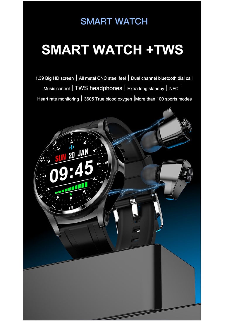 AROAQ - GT66 Smart Watch with TWS Earphones NFC Music Control 1.39 HD Screen Bluetooth Call Healthy Monitoring 100+ Sports Modes - Image 1