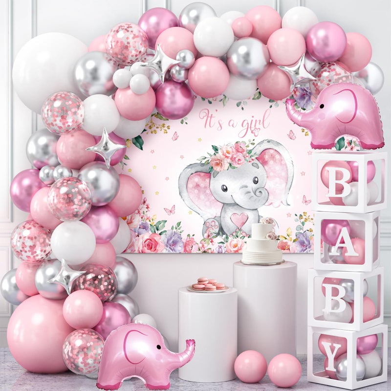 Winrayk 138Pcs Elephant Baby Shower Decorations Girl, Baby Boxes with Letters & Pink White Silver Balloon Arch & It's a Girl Backdrop Huge Foil Balloons, Birthday Party Supplies Girl Baby Shower Decor - Image 1