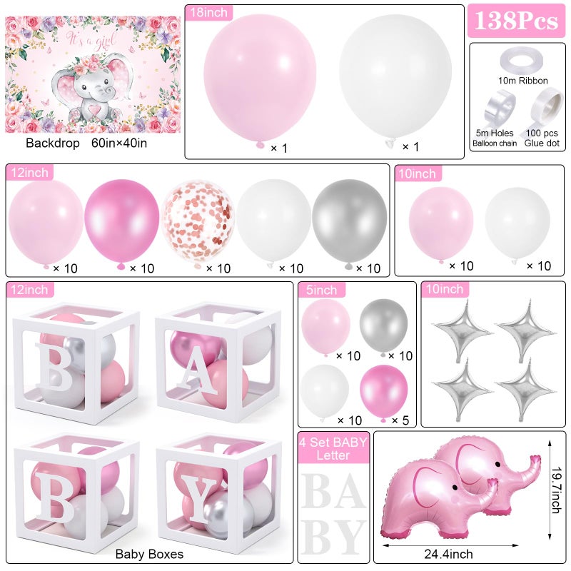 Winrayk 138Pcs Elephant Baby Shower Decorations Girl, Baby Boxes with Letters & Pink White Silver Balloon Arch & It's a Girl Backdrop Huge Foil Balloons, Birthday Party Supplies Girl Baby Shower Decor - Image 2