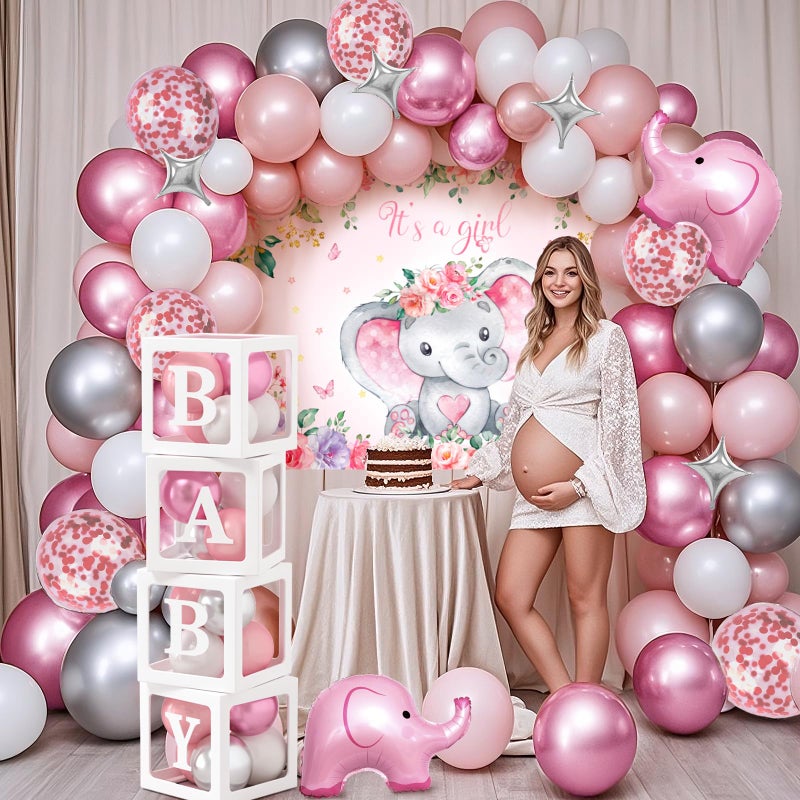 Winrayk 138Pcs Elephant Baby Shower Decorations Girl, Baby Boxes with Letters & Pink White Silver Balloon Arch & It's a Girl Backdrop Huge Foil Balloons, Birthday Party Supplies Girl Baby Shower Decor - Image 3