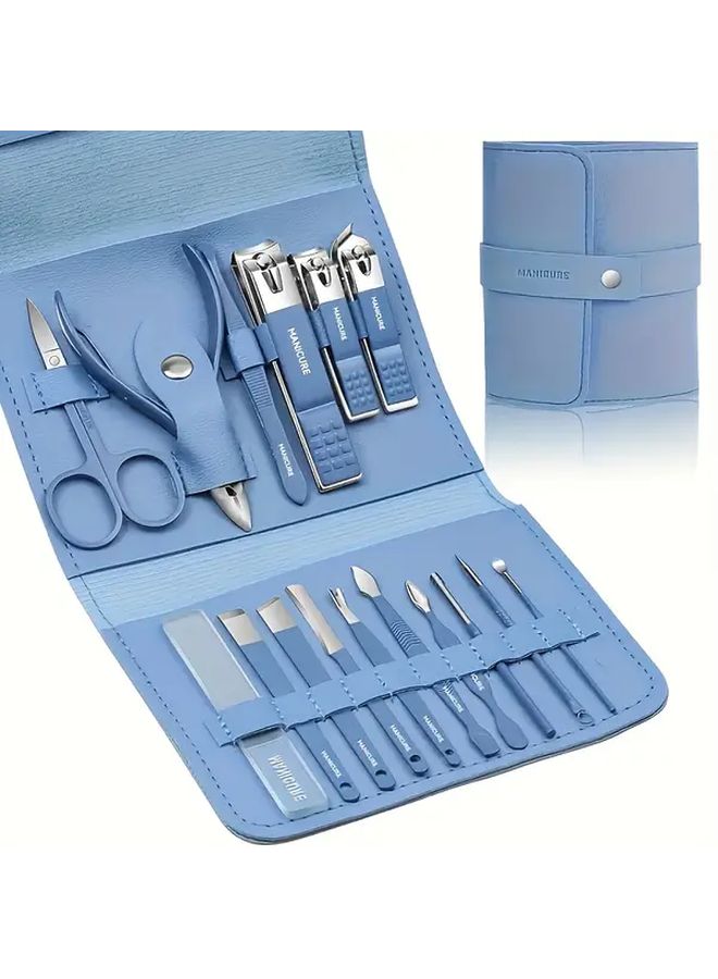 16 Pcs Blue Nail Trimming Tool Set With Travel Case Dead Skin Trimmer Pedicure Kit - Image 1