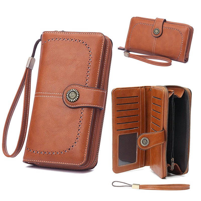 Waxed Leather Unisex Long Wallet with Card Slots - Image 1