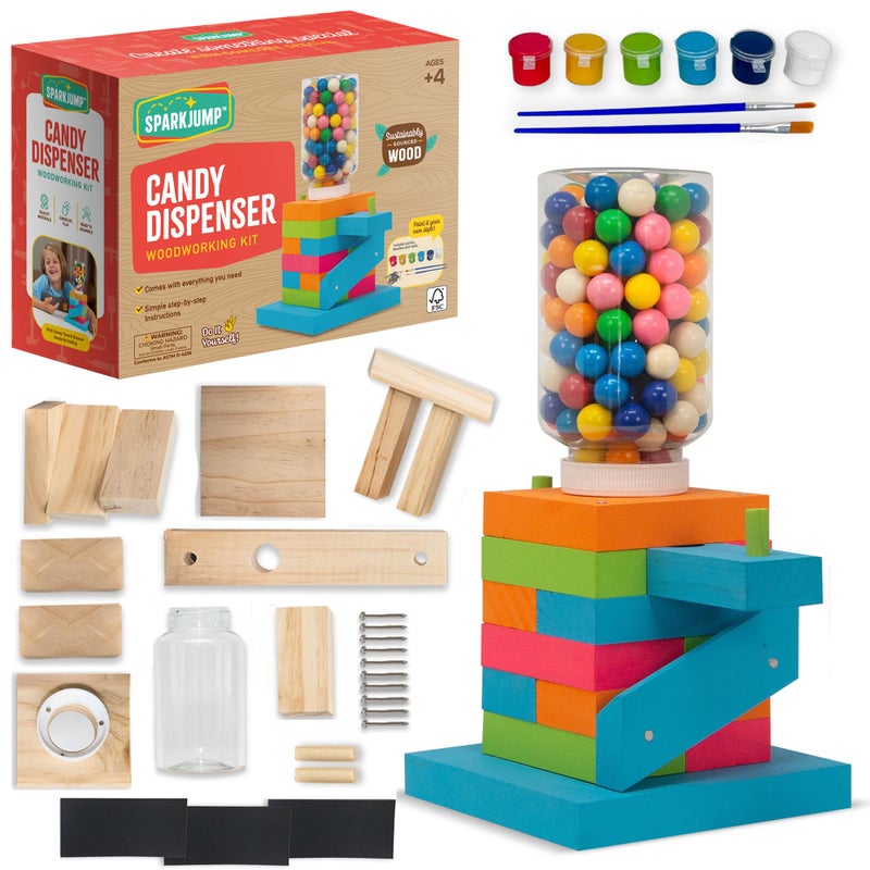 SparkJump Candy Dispenser Woodworking Kit Complete STEM Building Kit for Kids with FSCCertified Wood Paints Tools DIY Gumball Machine Craft for Boys Girls Ages 6 - Image 4