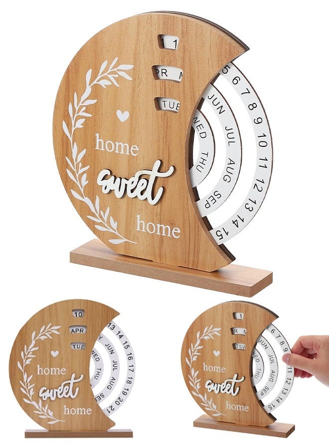 Wffo Moon Shaped Wooden Rotating Perpetual Desk Calendar,Home Sweet Home Pattern Reusable Flip Calendar,Rustic Desktop Date Display Ornament for Living Room Office Table Decor,Housewarming New Home Gift - Image 1