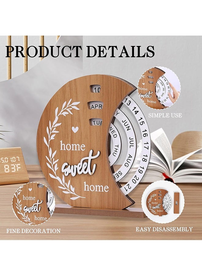 Wffo Moon Shaped Wooden Rotating Perpetual Desk Calendar,Home Sweet Home Pattern Reusable Flip Calendar,Rustic Desktop Date Display Ornament for Living Room Office Table Decor,Housewarming New Home Gift - Image 3