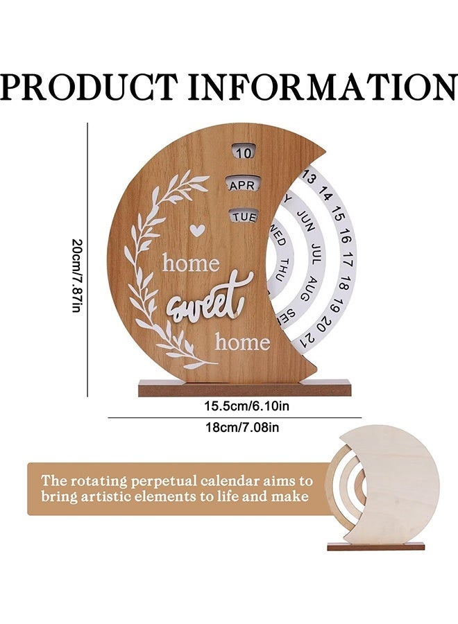 Wffo Moon Shaped Wooden Rotating Perpetual Desk Calendar,Home Sweet Home Pattern Reusable Flip Calendar,Rustic Desktop Date Display Ornament for Living Room Office Table Decor,Housewarming New Home Gift - Image 2