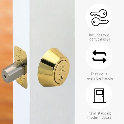 Design House Double Cylinder Deadbolt Lock, Polished Brass Front Door Lock, Fits 2-3/4" & 2-3/8" Backsets, for 1-3/8"–1-3/4" Doors, ANSI Grade 3, 782771 - Image 3
